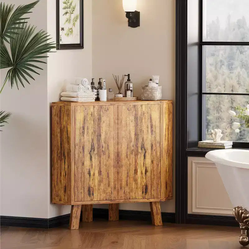 Armario de esquina estriado, armario de baño independiente con estante ajustable, armario de despensa de cocina estrecho para sala de estar y baño