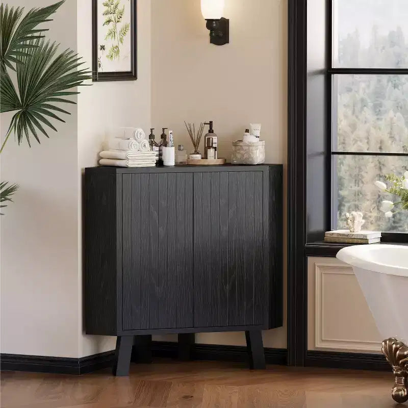 Armario de esquina estriado, armario de baño independiente con estante ajustable, armario de despensa de cocina estrecho para sala de estar y baño