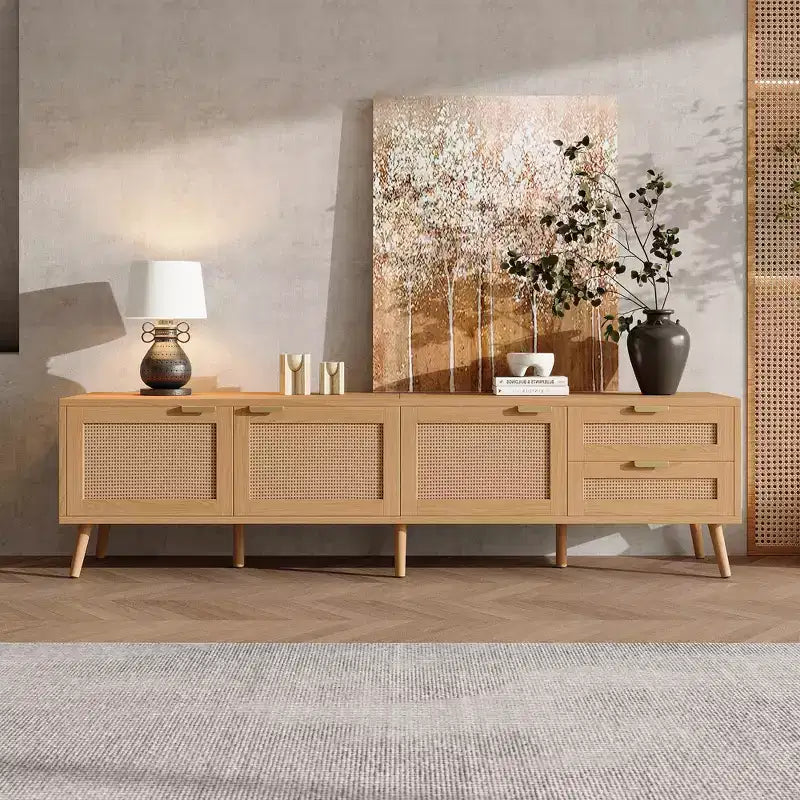 JVNOXK 70-inch Modern Entertainment Rattan-Weave Door TV Stand, Accommodates 80-inch TV, 2 Drawers and Cables, for Living Room
