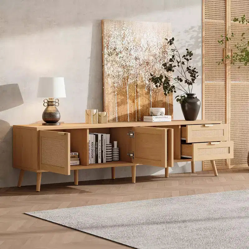Mueble para TV de 70" con puertas de ratán y 2 cajones – Compatible con TV de 80", gestión de cables
