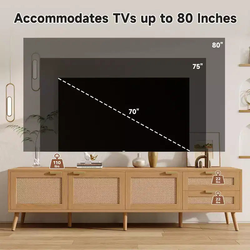 Mueble para TV de 70" con puertas de ratán y 2 cajones – Compatible con TV de 80", gestión de cables