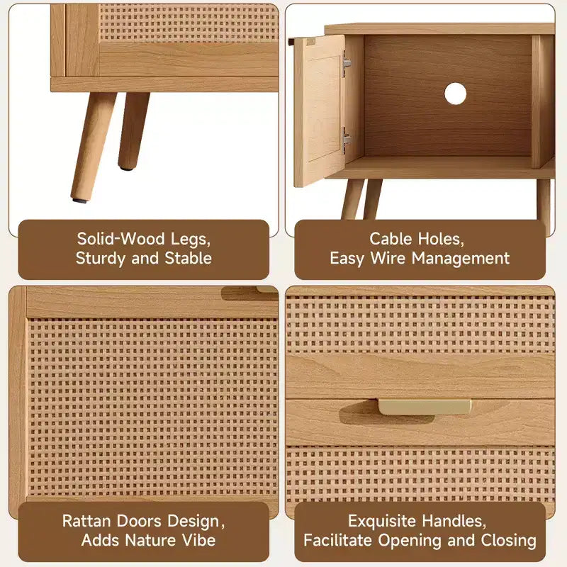 Mueble para TV de 70" con puertas de ratán y 2 cajones – Compatible con TV de 80", gestión de cables