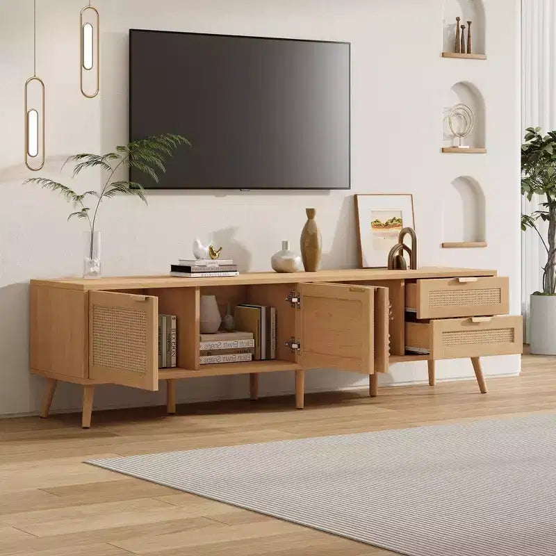 Mueble para TV de 70" con puertas de ratán y 2 cajones – Compatible con TV de 80", gestión de cables
