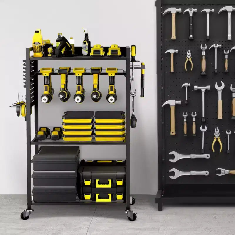 Carrito Organizador de Herramientas Rodante de 4 Niveles – Acero, 68 kg de Capacidad, Soporte para Taladro, Negro