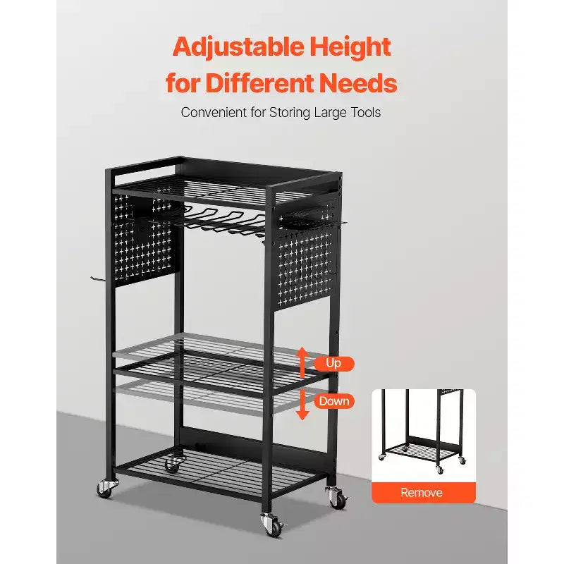 Carrito Organizador de Herramientas Rodante de 4 Niveles – Acero, 68 kg de Capacidad, Soporte para Taladro, Negro