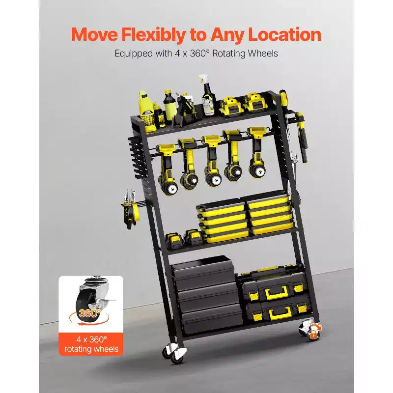 Carrito Organizador de Herramientas Rodante de 4 Niveles – Acero, 68 kg de Capacidad, Soporte para Taladro, Negro