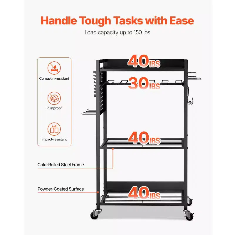 Carrito Organizador de Herramientas Rodante de 4 Niveles – Acero, 68 kg de Capacidad, Soporte para Taladro, Negro