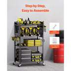 Carrito Organizador de Herramientas Rodante de 4 Niveles – Acero, 68 kg de Capacidad, Soporte para Taladro, Negro