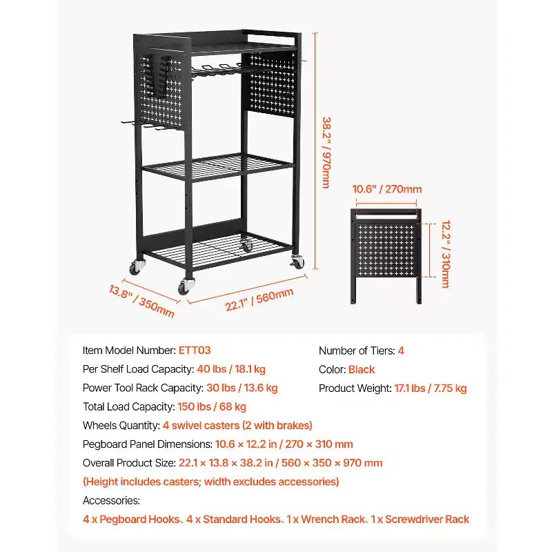 Carrito Organizador de Herramientas Rodante de 4 Niveles – Acero, 68 kg de Capacidad, Soporte para Taladro, Negro