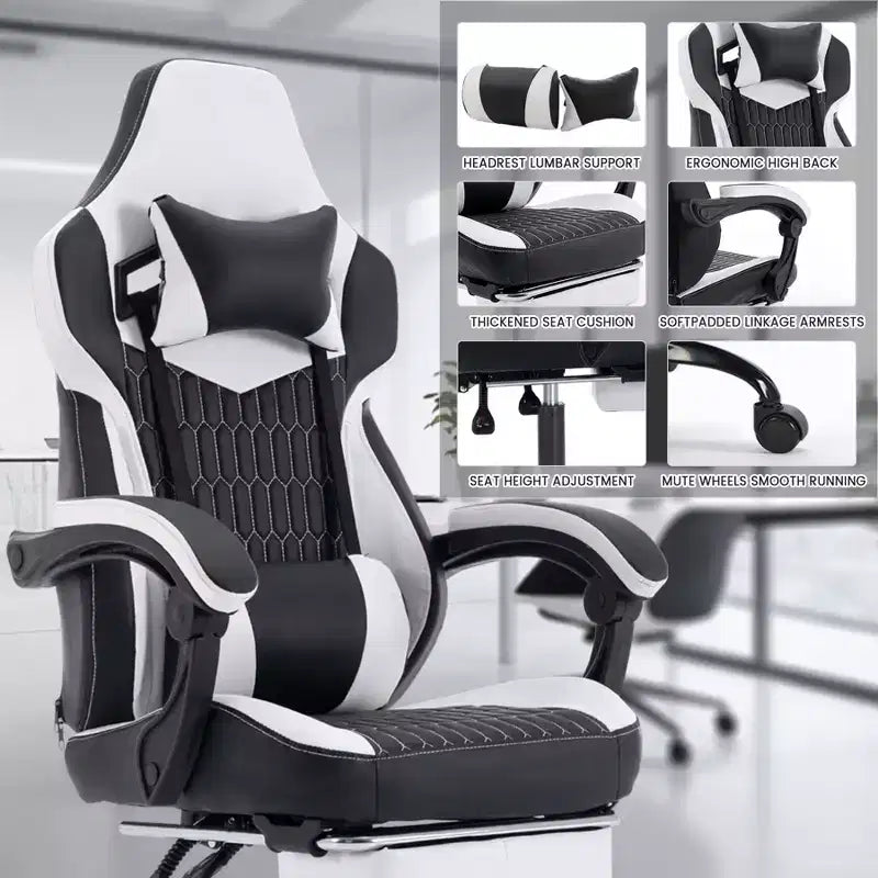 Silla de juego giratoria 360 versátil TUYOHW, sillas de oficina ajustables con ruedas, respaldo reclinable y reposapiés, sillas ergonómicas para videojuegos, máx. 136 kg