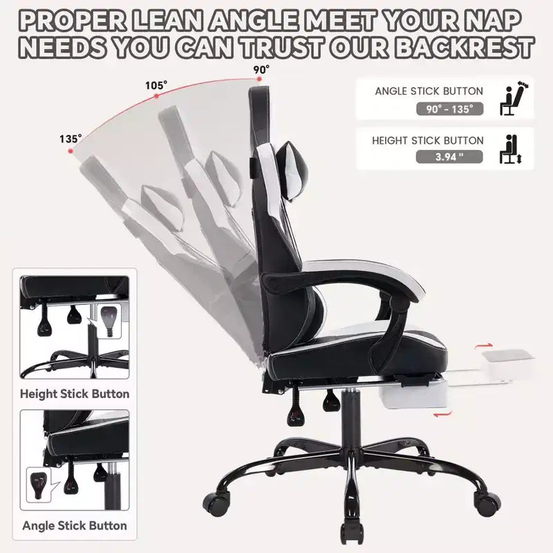 Silla de juego giratoria 360 versátil TUYOHW, sillas de oficina ajustables con ruedas, respaldo reclinable y reposapiés, sillas ergonómicas para videojuegos, máx. 136 kg