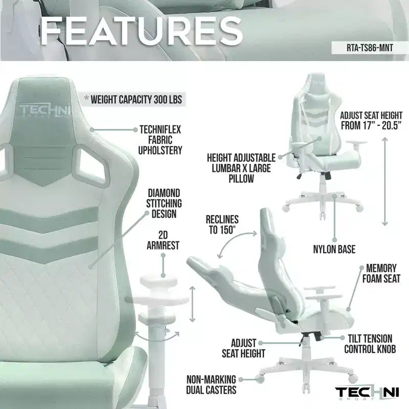 TUYOHW Silla giratoria para juegos de 136 kg con altura ajustable, cojín lumbar y para la cabeza, ruedas, sillas ergonómicas para oficina y videojuegos para oficina y hogar
