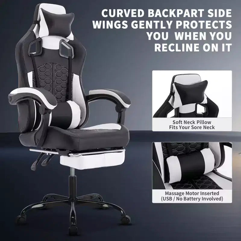 Silla giratoria de oficina y juegos TUYOHW con ruedas, respaldo reclinable, altura del asiento y reposapiés ajustables, sillas ergonómicas para videojuegos, 300 lbs máx.