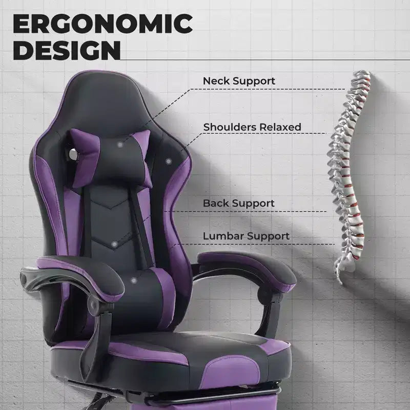 TUYOHW Silla giratoria de 360° para videojuegos, silla de oficina con ruedas, respaldo reclinable, altura del asiento y reposapiés ajustables, sillas ergonómicas para videojuegos, 300 libras máx.