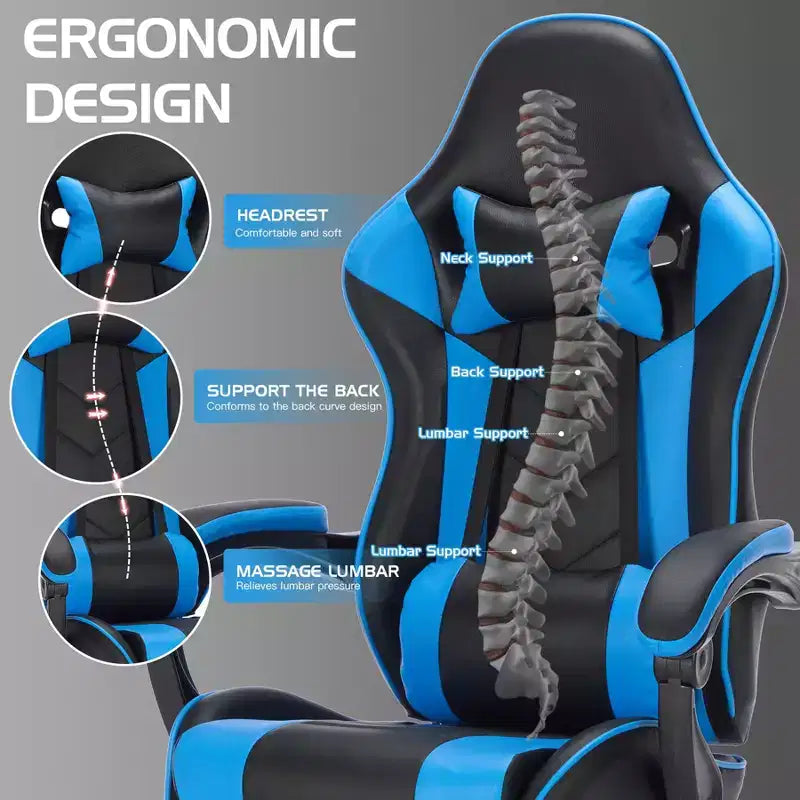 TUYOHW Silla giratoria de 360° para videojuegos, silla de oficina con ruedas, respaldo reclinable, altura del asiento y reposapiés ajustables, sillas ergonómicas para videojuegos, 300 libras máx.