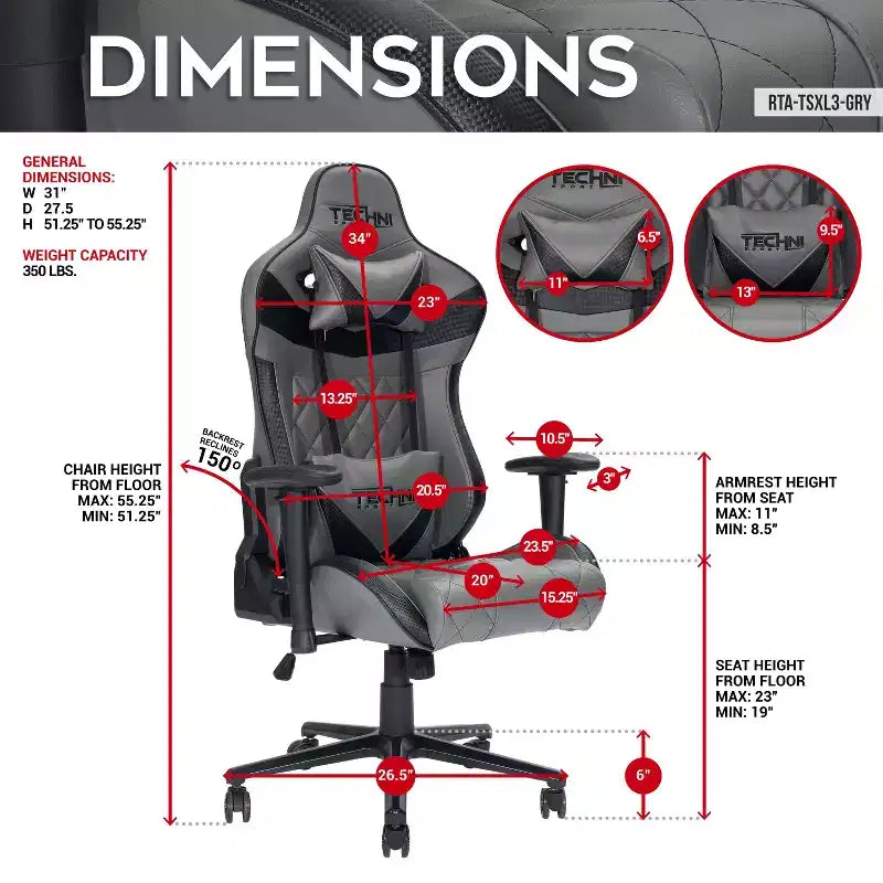 Silla de oficina giratoria ergonómica TUYOHW XL para videojuegos con almohada para la cabeza y la zona lumbar, silla reclinable de 90-150 para oficina y hogar, capacidad máxima de 158 kg, gris