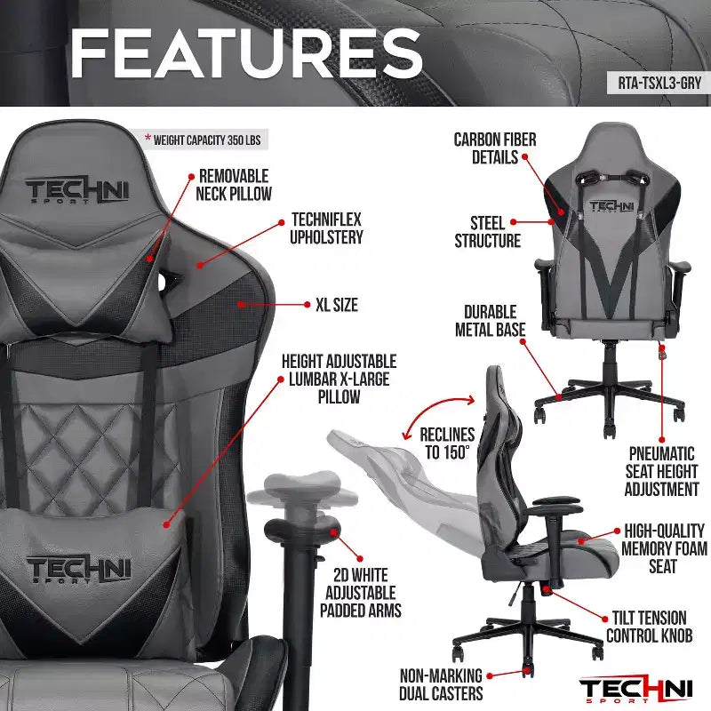 Silla de oficina giratoria ergonómica TUYOHW XL para videojuegos con almohada para la cabeza y la zona lumbar, silla reclinable de 90-150 para oficina y hogar, capacidad máxima de 158 kg, gris