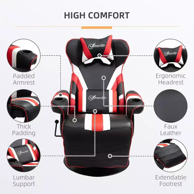 TUYOHW 90-130 Silla reclinable para juegos con base giratoria y portavasos, sillas de oficina giratorias 360° para videojuegos con almohada para cabeza y lumbares, reposapiés
