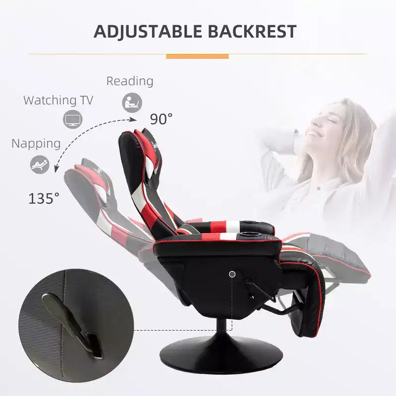 TUYOHW 90-130 Silla reclinable para juegos con base giratoria y portavasos, sillas de oficina giratorias 360° para videojuegos con almohada para cabeza y lumbares, reposapiés