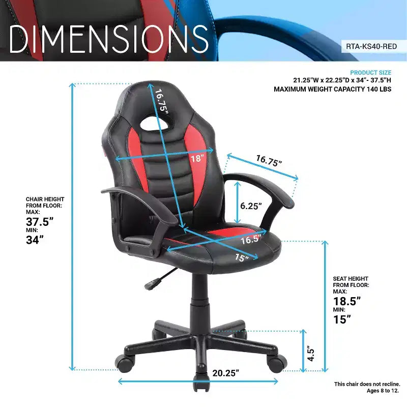 TUYOHW Silla ergonómica de juegos para niños, silla giratoria 360 con ruedas, silla de computadora negra/roja para oficina y hogar, silla de ocio versátil, negra/roja