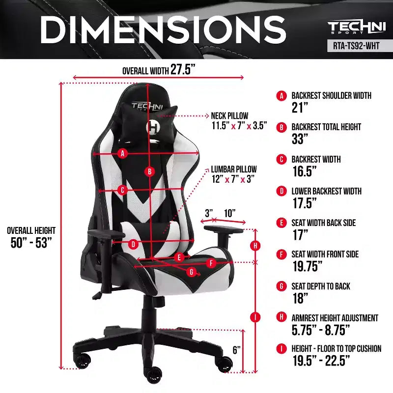 Silla de gaming ergonómica ajustable TUYOHW, silla de oficina giratoria 360° con almohadas para cabeza y lumbares, silla reclinable 90-150 para oficina y hogar, 113 kg máx., blanca