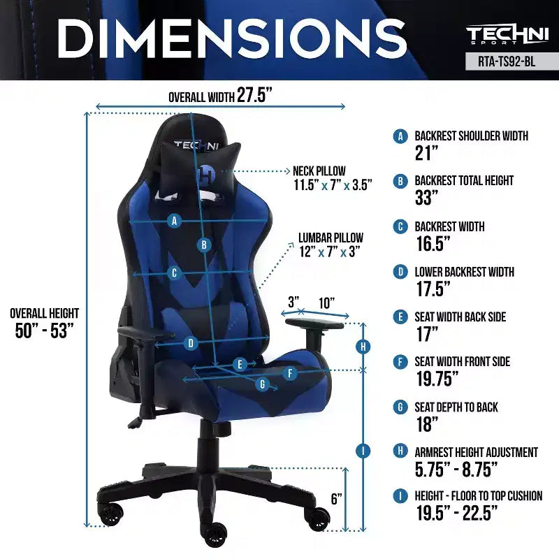 TUYOHW Silla de juego ergonómica ajustable, sillas de oficina giratorias 360° con almohada para cabeza y lumbar, silla reclinable de 90-150 para oficina y hogar, 113 kg máx., azul