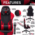 Silla de juego ergonómica ajustable TUYOHW, sillas de oficina giratorias 360° con reposacabezas y cojín lumbar, silla reclinable de 90-150° para oficina y hogar, 113 kg máx., rojo
