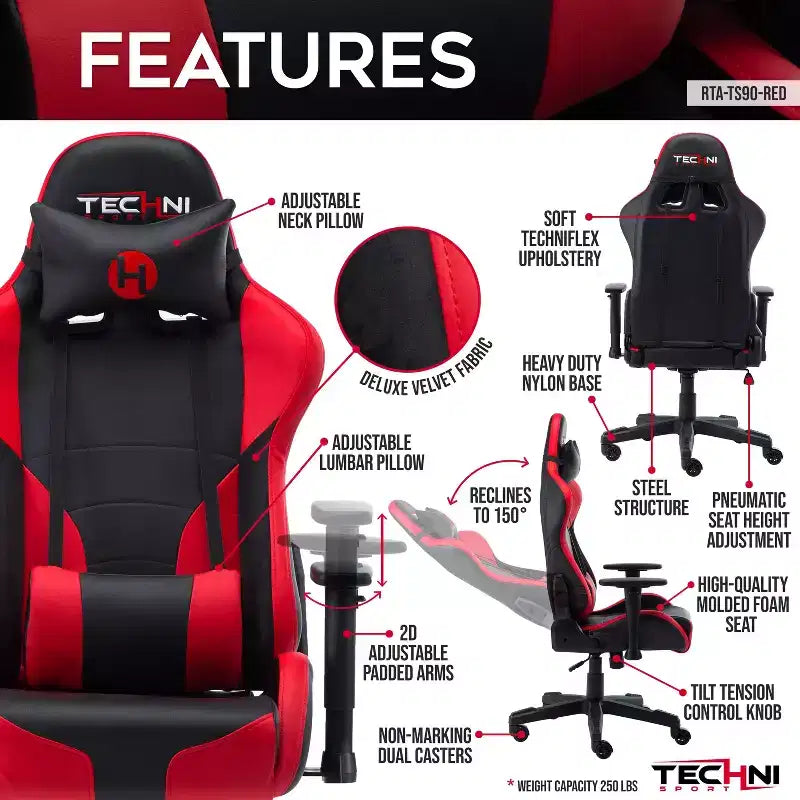 Silla de juego ergonómica ajustable TUYOHW, sillas de oficina giratorias 360° con reposacabezas y cojín lumbar, silla reclinable de 90-150° para oficina y hogar, 113 kg máx., rojo
