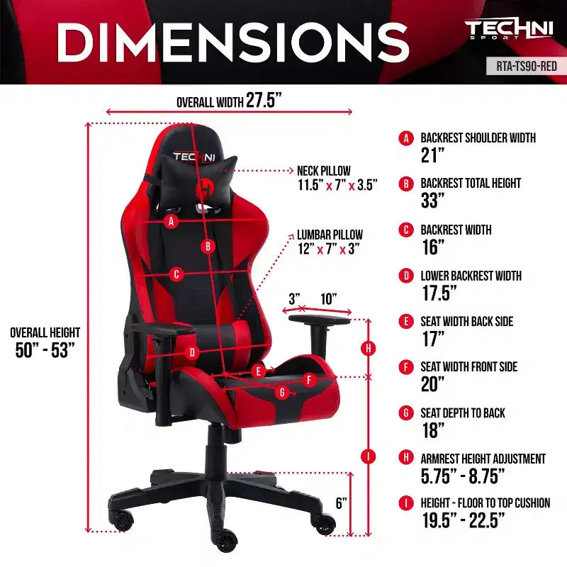 Silla de juego ergonómica ajustable TUYOHW, sillas de oficina giratorias 360° con reposacabezas y cojín lumbar, silla reclinable de 90-150° para oficina y hogar, 113 kg máx., rojo