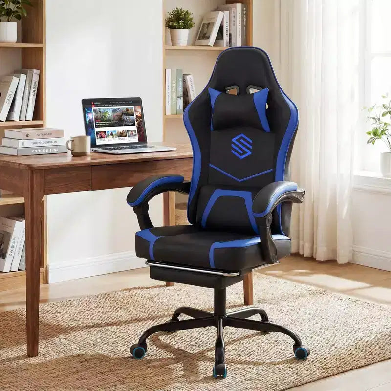 Silla Gaming Costway con reposacabezas, soporte lumbar, reposabrazos de unión y respaldo reclinable, blanco y negro/azul marino y negro