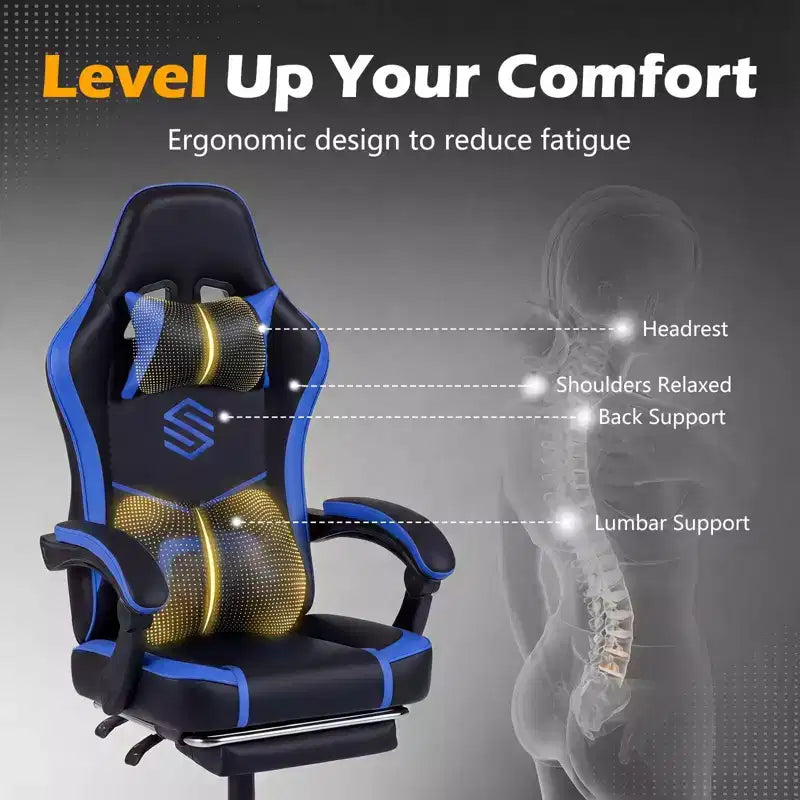Silla Gaming Costway con reposacabezas, soporte lumbar, reposabrazos de unión y respaldo reclinable, blanco y negro/azul marino y negro