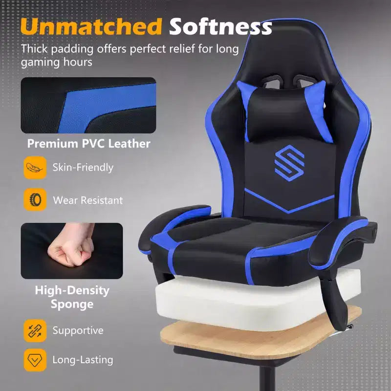 Silla Gaming Costway con reposacabezas, soporte lumbar, reposabrazos de unión y respaldo reclinable, blanco y negro/azul marino y negro