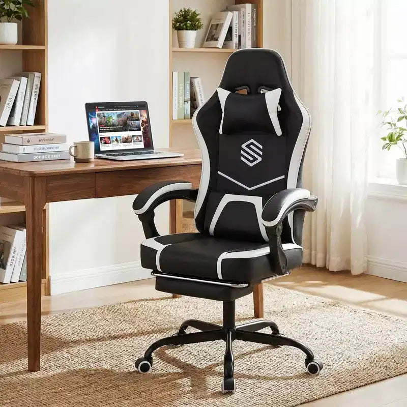 Silla Gaming Costway con reposacabezas, soporte lumbar, reposabrazos de unión y respaldo reclinable, blanco y negro/azul marino y negro