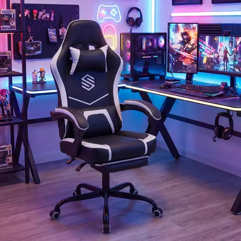 Silla Gaming Costway con reposacabezas, soporte lumbar, reposabrazos de unión y respaldo reclinable, blanco y negro/azul marino y negro