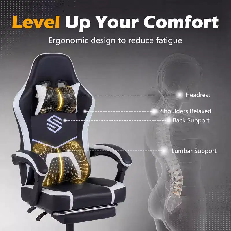 Silla Gaming Costway con reposacabezas, soporte lumbar, reposabrazos de unión y respaldo reclinable, blanco y negro/azul marino y negro