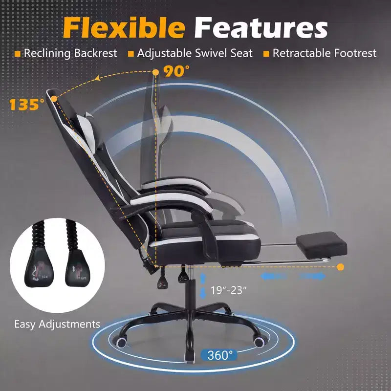 Silla Gaming Costway con reposacabezas, soporte lumbar, reposabrazos de unión y respaldo reclinable, blanco y negro/azul marino y negro