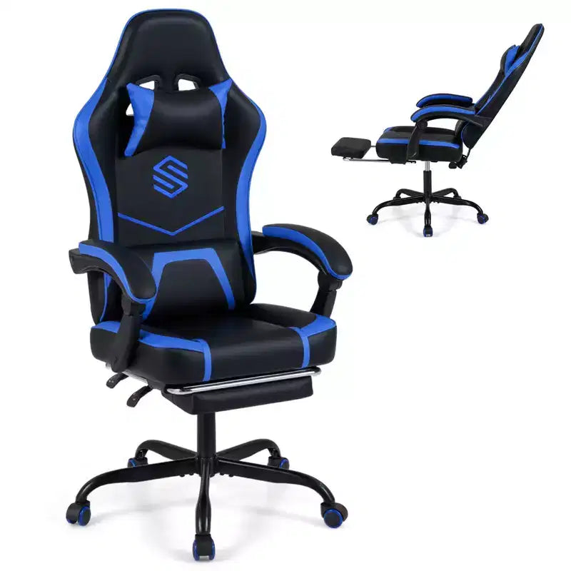 Silla Gaming Costway con reposacabezas, soporte lumbar, reposabrazos de unión y respaldo reclinable, blanco y negro/azul marino y negro