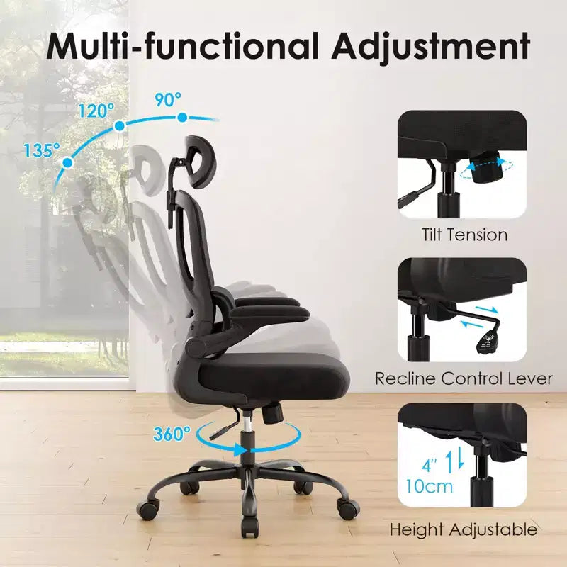 Silla de oficina ergonómica de malla TUYOHW con soporte lumbar ajustable, reposacabezas y reposabrazos abatibles, silla de escritorio para oficina en casa para estudio, sala de juegos