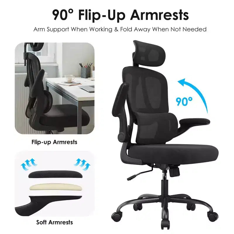 Silla de oficina ergonómica de malla TUYOHW con soporte lumbar ajustable, reposacabezas y reposabrazos abatibles, silla de escritorio para oficina en casa para estudio, sala de juegos
