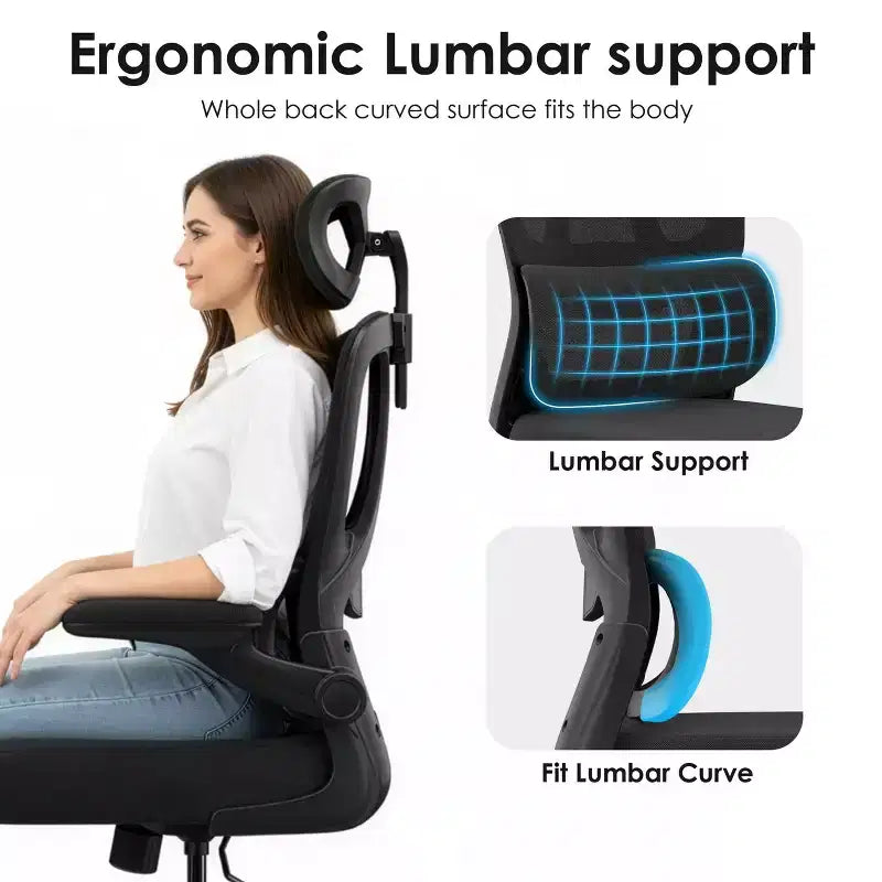 Silla de oficina ergonómica de malla TUYOHW con soporte lumbar ajustable, reposacabezas y reposabrazos abatibles, silla de escritorio para oficina en casa para estudio, sala de juegos