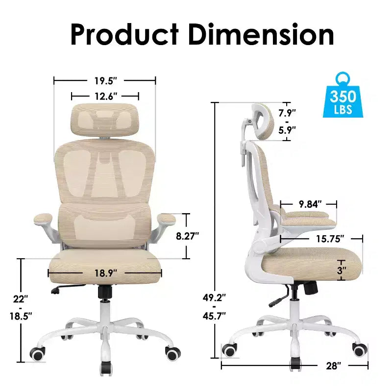 Silla de oficina ergonómica de malla TUYOHW con soporte lumbar ajustable, reposacabezas y reposabrazos abatibles, silla de escritorio para oficina en casa para estudio, sala de juegos