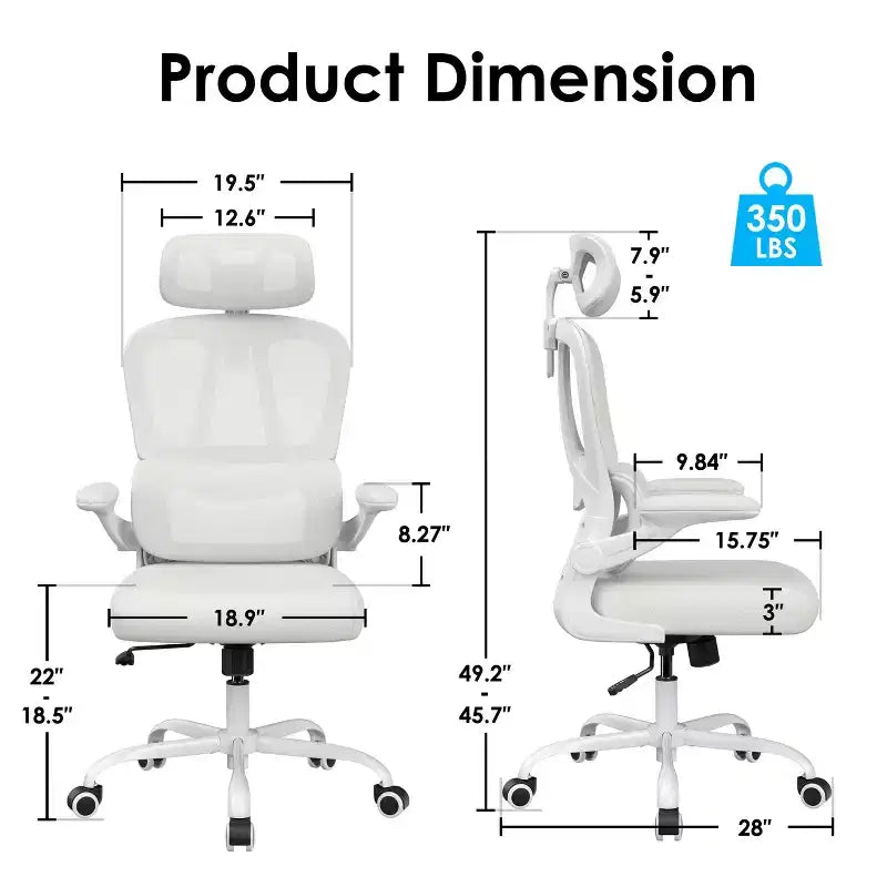 Silla de oficina ergonómica de malla TUYOHW con soporte lumbar ajustable, reposacabezas y reposabrazos abatibles, silla de escritorio para oficina en casa para estudio, sala de juegos