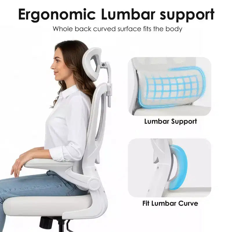 Silla de oficina ergonómica de malla TUYOHW con soporte lumbar ajustable, reposacabezas y reposabrazos abatibles, silla de escritorio para oficina en casa para estudio, sala de juegos
