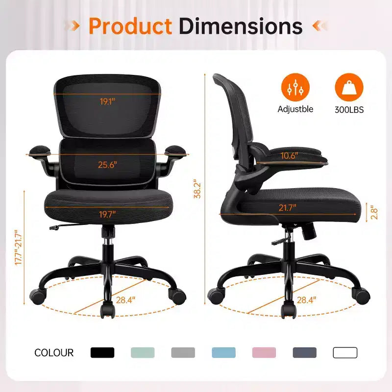 Silla cómoda de malla transpirable KERDOM con soporte lumbar, con reposabrazos abatibles, silla gaming para oficina en casa