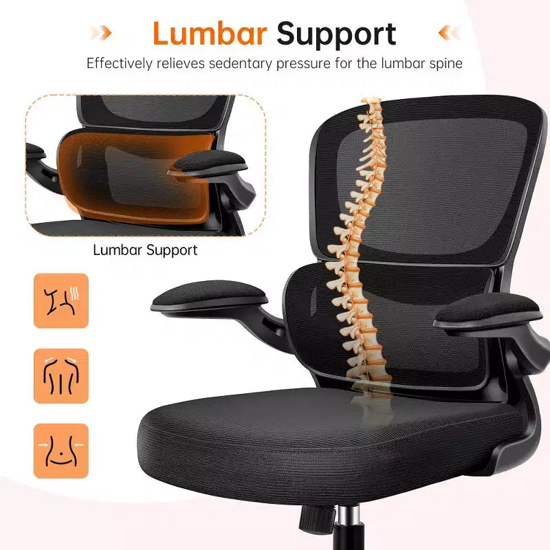 Silla cómoda de malla transpirable KERDOM con soporte lumbar, con reposabrazos abatibles, silla gaming para oficina en casa