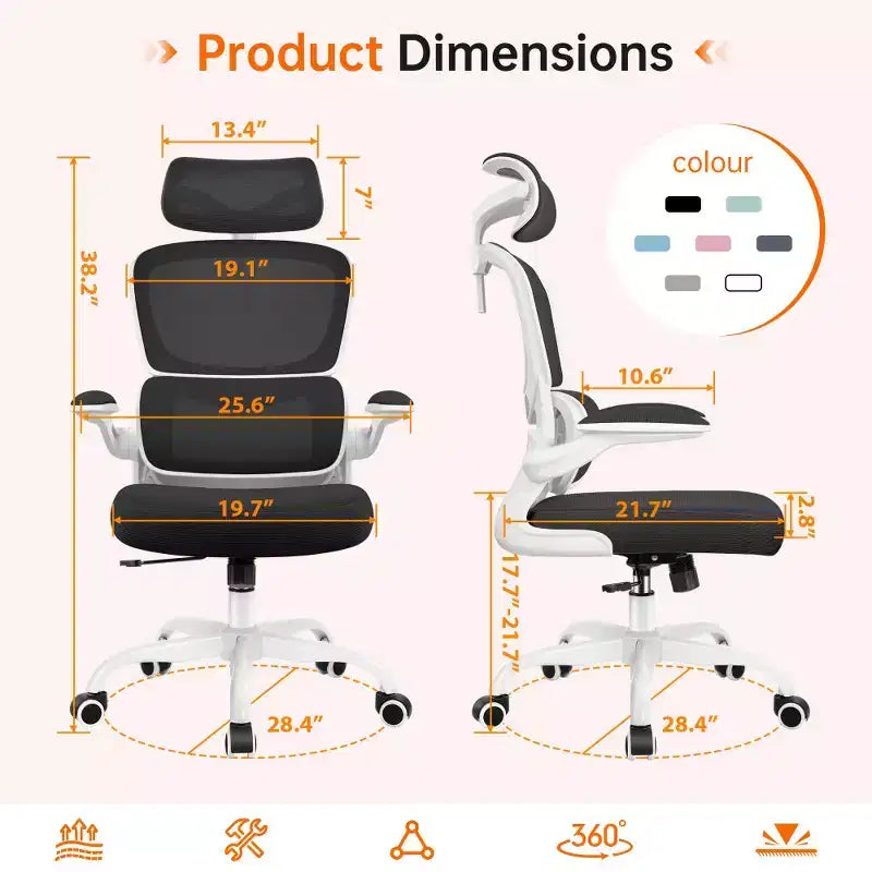 Silla cómoda de malla transpirable KERDOM con soporte lumbar, con reposabrazos abatibles, silla gaming para oficina en casa