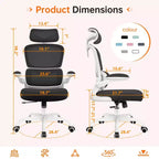 Silla cómoda de malla transpirable KERDOM con soporte lumbar, con reposabrazos abatibles, silla gaming para oficina en casa