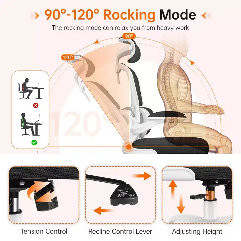 Silla cómoda de malla transpirable KERDOM con soporte lumbar, con reposabrazos abatibles, silla gaming para oficina en casa