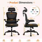 Silla cómoda de malla transpirable KERDOM con soporte lumbar, con reposabrazos abatibles, silla gaming para oficina en casa