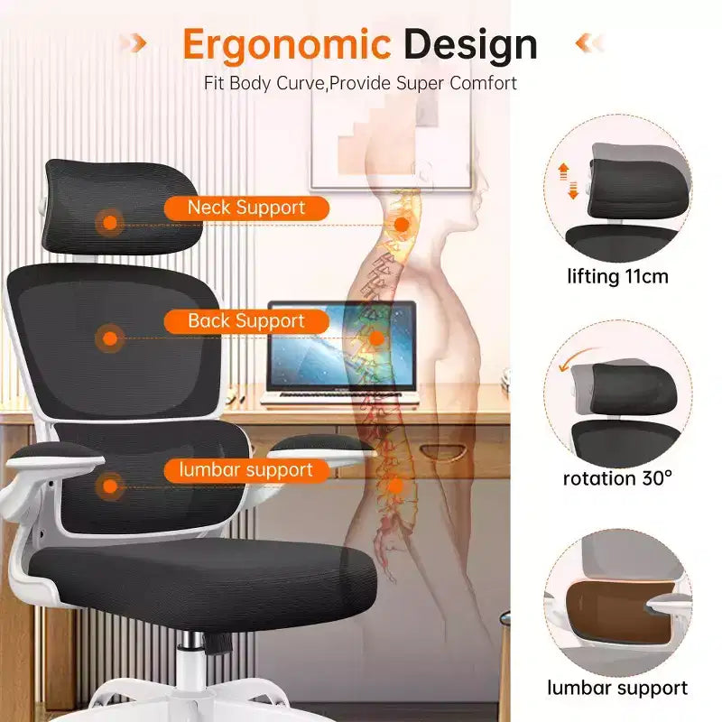 Silla cómoda de malla transpirable KERDOM con soporte lumbar, con reposabrazos abatibles, silla gaming para oficina en casa